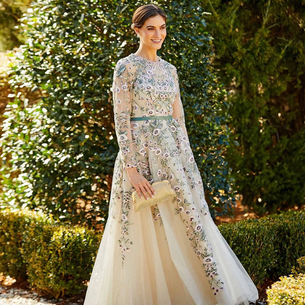 Mac Duggal Multicolor Long Sleeve Floral Embellished A-Line Gown